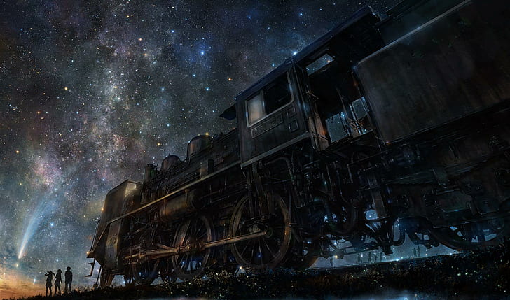 iy tujiki, изкуство, нощ, влак, аниме, звездно небе, черен влак с трима души напред, iy tujiki, нощ, влак, аниме, звездно небе, HD тапет