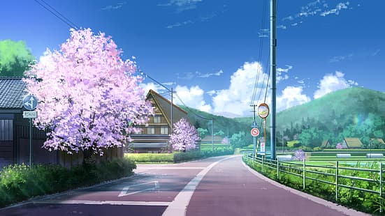 Japonya, anime, bulutlar, sokak, ev, Sakura çiçeği, ağaçlar, gökyüzü, bitkiler, HD masaüstü duvar kağıdı HD wallpaper