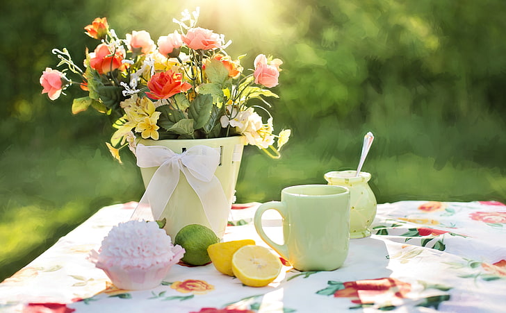 ティーパーティー 黄色と緑のセラミックティーポット かわいい 夏 花 テーブル パーティー レモン アウトドア 甘い 飲み物 Hdデスクトップの壁紙 Wallpaperbetter
