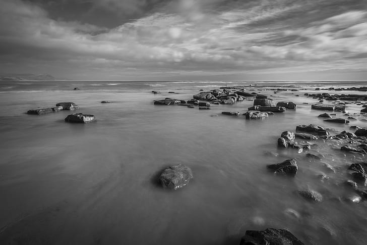 gray-scale photo of beach with rocks, Long Exposure, gray-scale, photo, beach, Lyme  Regis, Hoya, Rocks, Coast, sea, nature, coastline, black And White, landscape, water, rock - Object, HD wallpaper