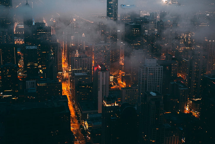 gray high-rise buildings, smoky high-rise buildings, urban, street, mist, lights, cityscape, city, building, HD wallpaper