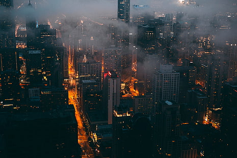 gray high-rise buildings, smoky high-rise buildings, urban, street, mist, lights, cityscape, city, building, HD wallpaper HD wallpaper