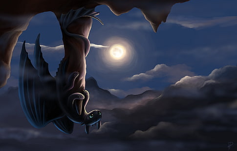 How to Train Your Dragon Toothless wallpaper, night, rock, the moon, dragon, art, Toothless, the night fury, How to Train Your Dragon, Rom-Art, HD wallpaper HD wallpaper