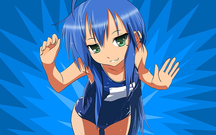 Izumi Konata, costumi da bagno scolastici, gocce d'acqua, anime girls, anime, Sfondo HD
