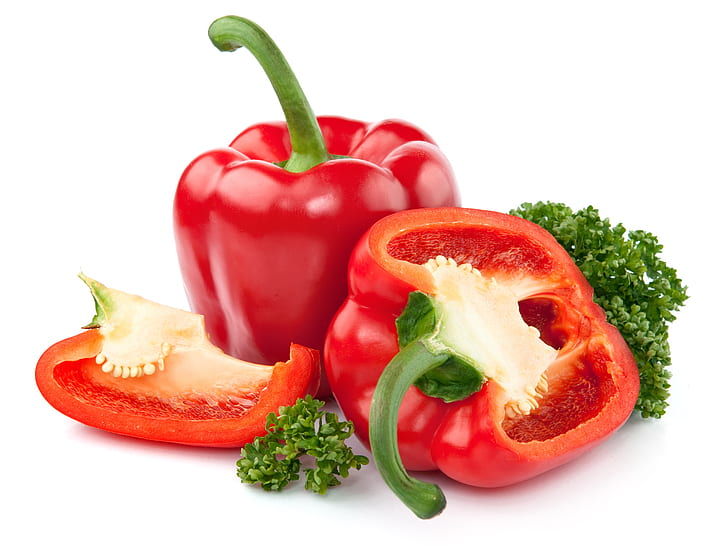 verdure, macro, freschezza, resa, taglio, brillantezza, sfondo bianco, verdure, rosso, frutta matura, peperone, Sfondo HD