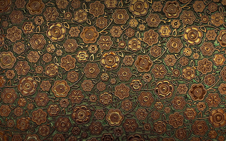 brązowy i zielony kwiatowy nadruk tekstylny, ornament, wzór, tekstura, Tapety HD