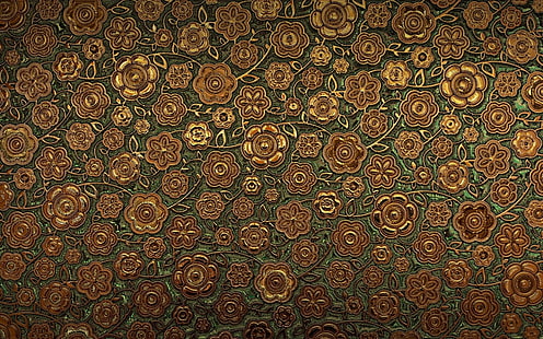 коричневый и зеленый цветочный принт текстиль, орнамент, узор, текстура, HD обои HD wallpaper