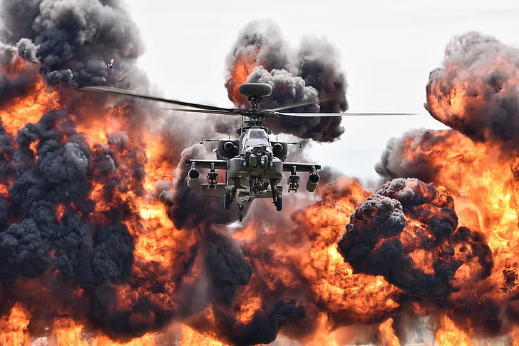 fire, explosion, helicopter, military aircraft, vehicle, aircraft, military, Boeing AH-64 Apache, HD wallpaper