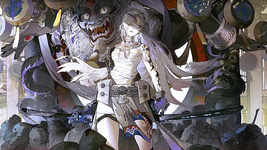 Punição: Gray Raven, Lucia (Punishing Gray Raven), Alpha (Punishing Gray Raven), garotas de anime, bandagem, cabelo sobre um olho, tatuagem, espada, arma, HD papel de parede HD wallpaper