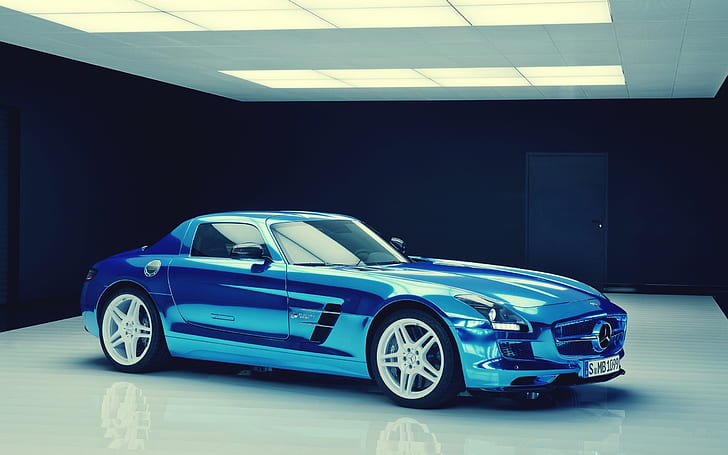 Mercedes-Benz SLS Electric Drive, blue, eco, power, performance, speed, luxury, HD wallpaper