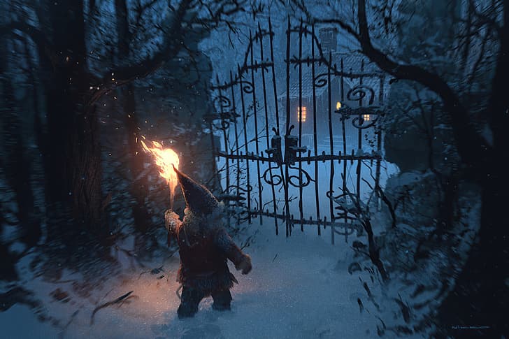 winter, torches, house, night, gates, dwarf, gnomes, snow, snowing, snow flakes, motion blur, artwork, 2D, fantastic realism, HD wallpaper