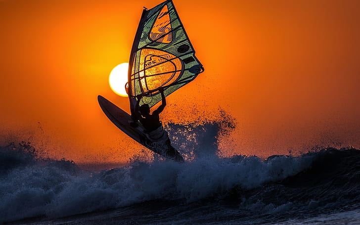 Windsurfing, morze, fale, słońce, zachód słońca, Tapety HD