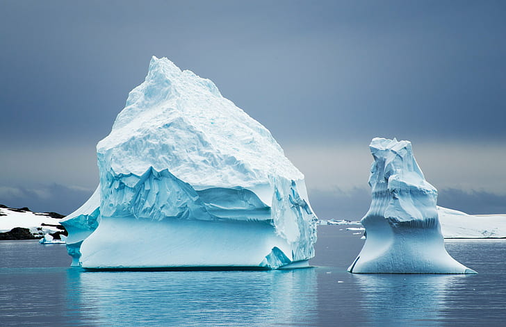 пейзажна фотография на леден берг по вода, готино, изображения, горещо, ден, пейзажна фотография, леден берг, воден лед, пингвини, Антарктида, айсберг - Ледена формация, лед, арктика, ледник, сняг, природа, студ - температура, зима, топящ се, замръзнал, син, полярен Климат, HD тапет