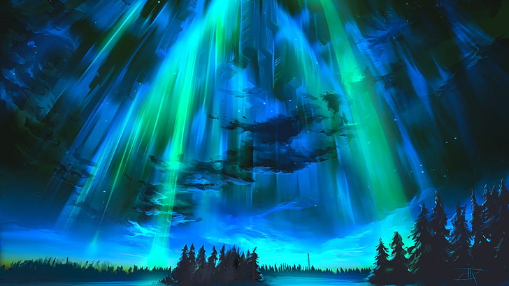 blaue und grüne Nordlichter, digitale Kunst, Auroren, Bäume, HD-Hintergrundbild