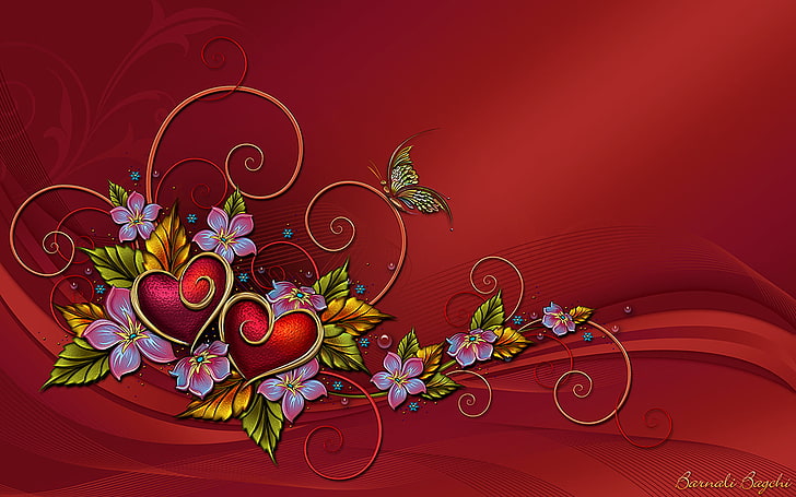 Artistic, Heart, Butterfly, Design, Flower, Red, HD wallpaper