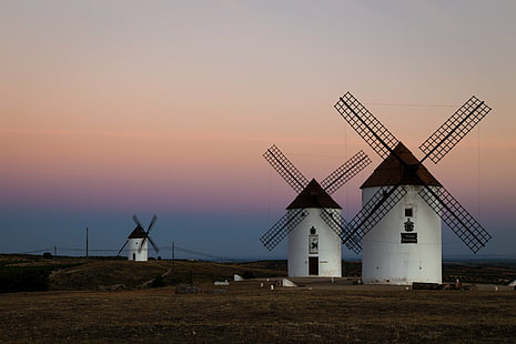 photography of white-and-brown windmills at daytime, cuenca, spain, cuenca, spain, outcast, windmill, Mota del Cuervo, Cuenca, Spain, photography, white, brown, windmills, daytime, Cuenca  Spain, sunset, Canon 6D, Landscape, La Mancha, Quijote, Quixote, HD wallpaper HD wallpaper