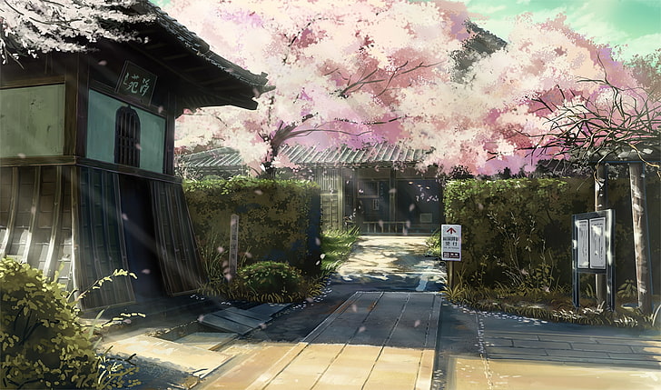аниме сграда, японска къща, цвят на сакура, живописна, аниме, HD тапет
