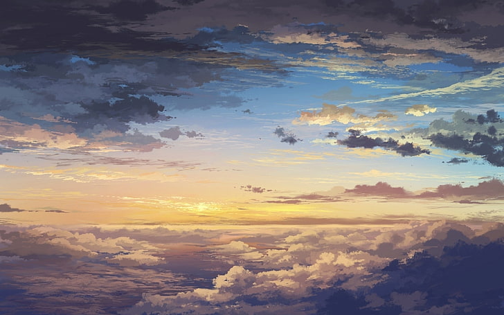 sky, sunset, clouds, painting, artwork, HD wallpaper