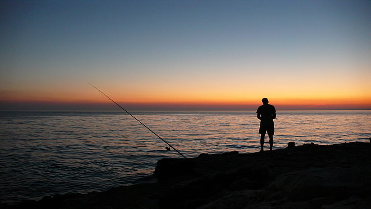 Photography, Fisherman, Fishing, Fishing Rod, Horizon, Man, Ocean, Silhouette, Sunset, HD wallpaper