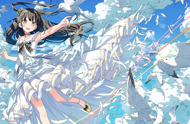 Kantoku, looking at viewer, yellow eyes, white dress, long hair, women outdoors, black hair, flower in hair, open mouth, feathers, birds, sky, clouds, armpits, hair ornament, water, dress, choker, twintails, horizon, HD wallpaper