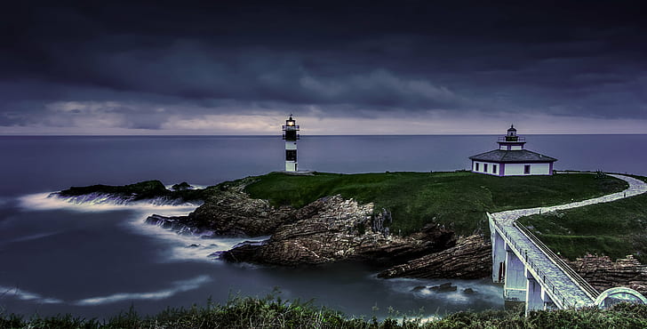white lighthouse near body of water, Illa, Explore, white, lighthouse, body of water, Faro, Faru, Galicia, Galiza, Ribadeo, Lugo, HD wallpaper