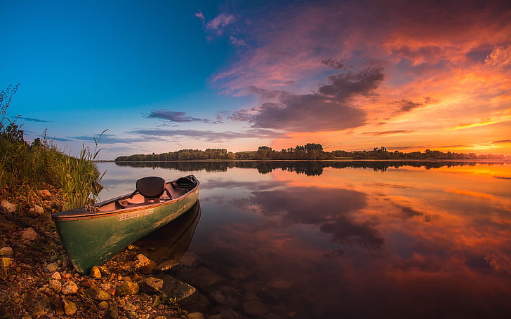 Фотографии Санрайз Мирное Озеро Лодка Небо с Красными Облаками Отражение В Воде Обои Ultra Hd и Ноутбук 3840 × 2400, HD обои