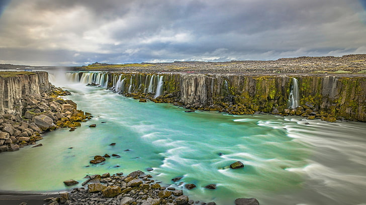 timelapse fotografia de água, natureza, paisagem, cachoeira, Islândia, desfiladeiro, nuvens, névoa, verão, musgo, rio, HD papel de parede