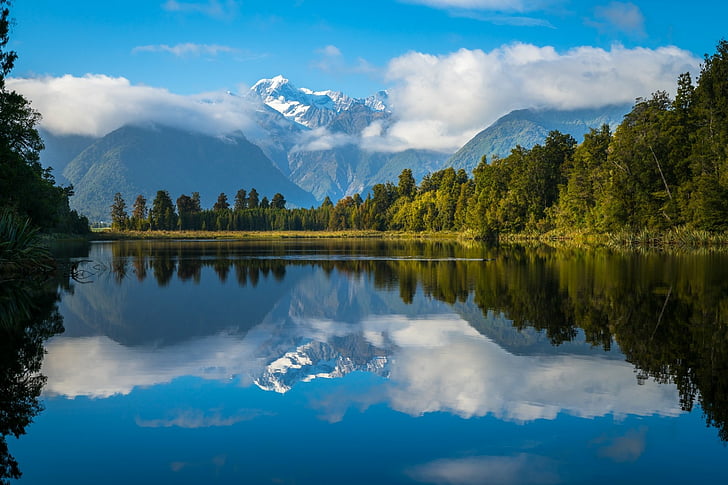 Montañas, Aoraki / Mount Cook, Nube, Lago Matheson, Montaña, Nueva Zelanda, Reflejo, Fondo de pantalla HD