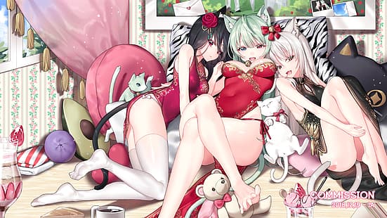  animal ears, cat girl, thick thigh, thigh-highs, Chinese dress, lying down, in bed, cleavage, HD wallpaper HD wallpaper