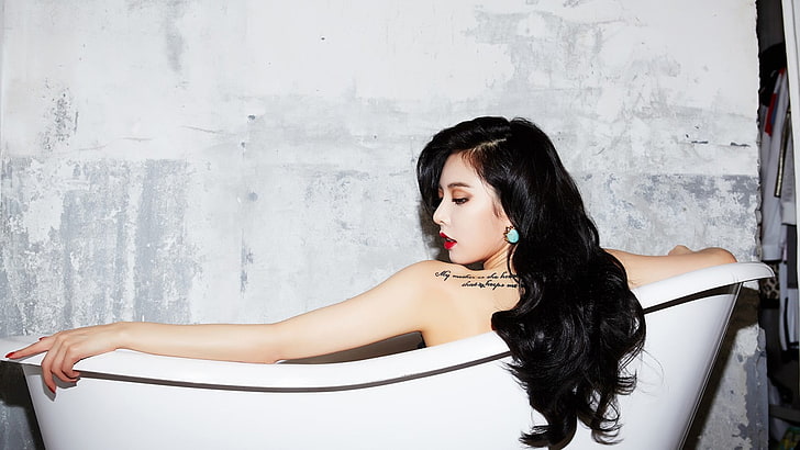 Asian, Hyuna, women, black hair, tattoo, K-pop, In Bathtub, HD wallpaper