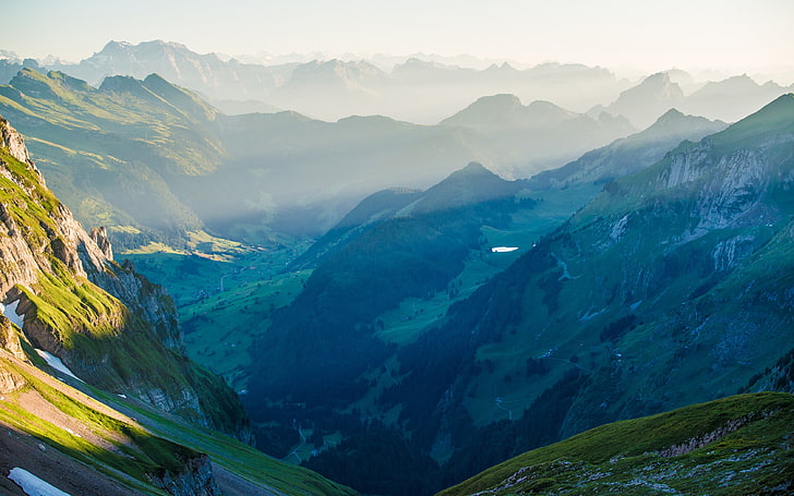 nature, landscape, mountains, mist, Switzerland, Alps, valley, forest, mountain pass, sunlight, HD wallpaper
