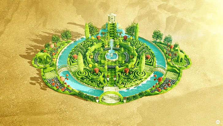 зеленый остров игрушечный коврик, цифровое искусство, вода, река, парк, деревья, трава, мост, остров, сад, фонтан, тень, оазисы, обои на рабочий стол, HD обои