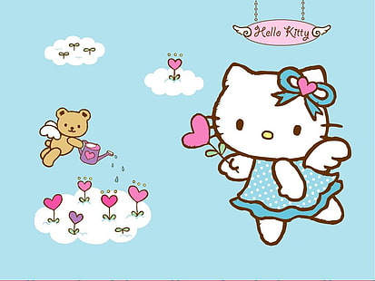 ハローキティアニメハローキティHDアート、雲、かわいい、花、ドレス、クマ、弓、 HDデスクトップの壁紙 HD wallpaper