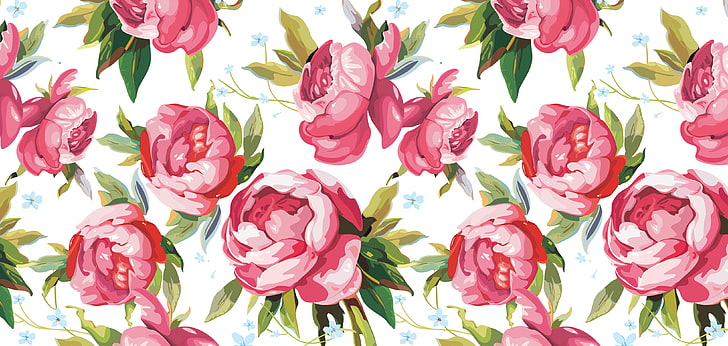 ilustrasi bunga, warna, latar belakang, permukaan, pola merah muda, putih, dan hijau, Wallpaper HD