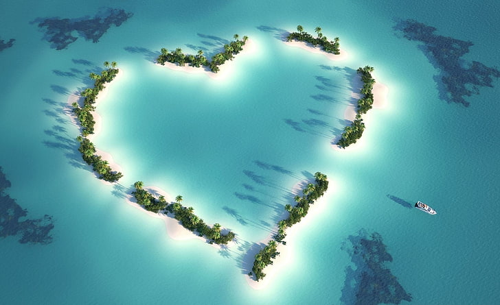 Heart Shaped Romance, green heart island, Love, Paradise, Tropical, Islands, Romance, heart, HD wallpaper
