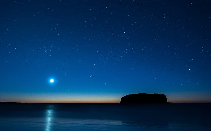 สีน้ำเงิน, แสงจันทร์, กลางคืน, มหาสมุทร, ดวงดาว, วอลล์เปเปอร์ HD