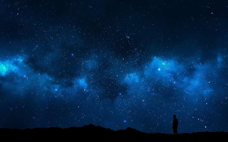 foto silhouette di persona sotto il cielo, cielo, solo, natura, notte, spazio, paesaggio, arte spaziale, arte digitale, isolamento, Sfondo HD