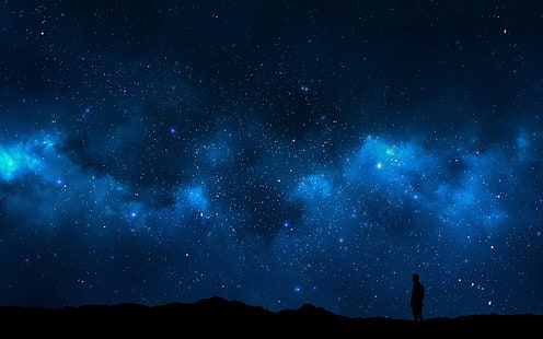 foto silhouette di persona sotto il cielo, cielo, solo, natura, notte, spazio, paesaggio, arte spaziale, arte digitale, isolamento, Sfondo HD HD wallpaper