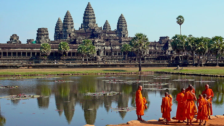 angkor, architecture, buildings, cambodia, males, men, monks, people, temple, wat, HD wallpaper