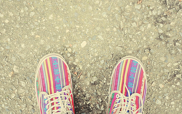 pair of pink-yellow-and-blue floral shoes, shoes, sneakers, striped, style, shoe laces, HD wallpaper