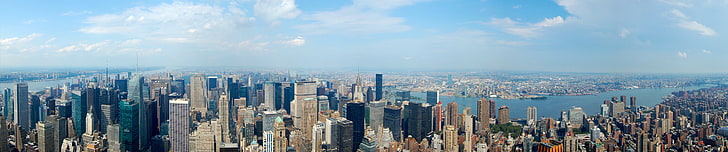 Kota New York, tiga layar, sudut lebar, lanskap kota, Manhattan, gedung pencakar langit, Wallpaper HD