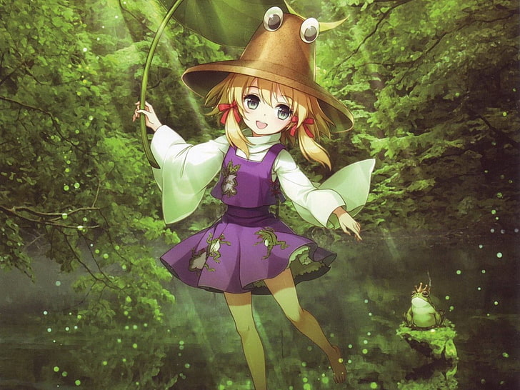 personaje de anime de chica de pelo amarillo, chica, rubia, linda, sonrisa, sombrero, bosque, caminar, Fondo de pantalla HD