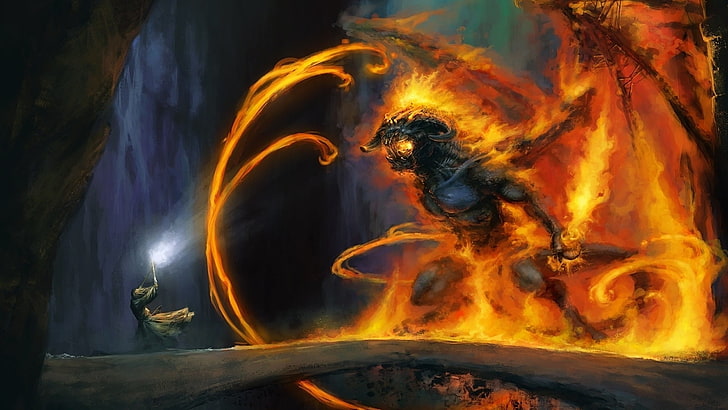 homme debout devant la flamme fond d'écran numérique monstre, pont, feu, magie, monstre, le Seigneur des anneaux, art, MAG, grotte, Gandalf, Moriya, barlog, Fond d'écran HD