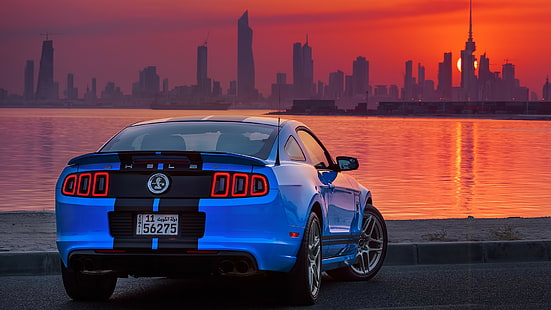سيارات زرقاء ، سيارة ، فورد موستانج شيلبي ، فورد الولايات المتحدة الأمريكية ، الكويت ، شيلبي GT500 ، شروق الشمس، خلفية HD HD wallpaper
