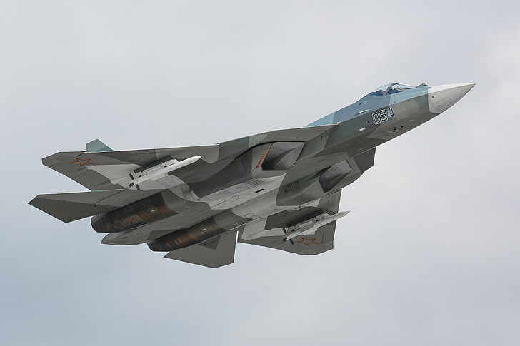 เครื่องบินขับไล่สีเทาและสีขาวท้องฟ้าความสูงเครื่องบินรบขีปนาวุธเที่ยวบินเครื่องบิน T-50 BBC อาวุธรุ่นที่ห้ารัสเซียอเนกประสงค์แห้ง PAK-FA, วอลล์เปเปอร์ HD