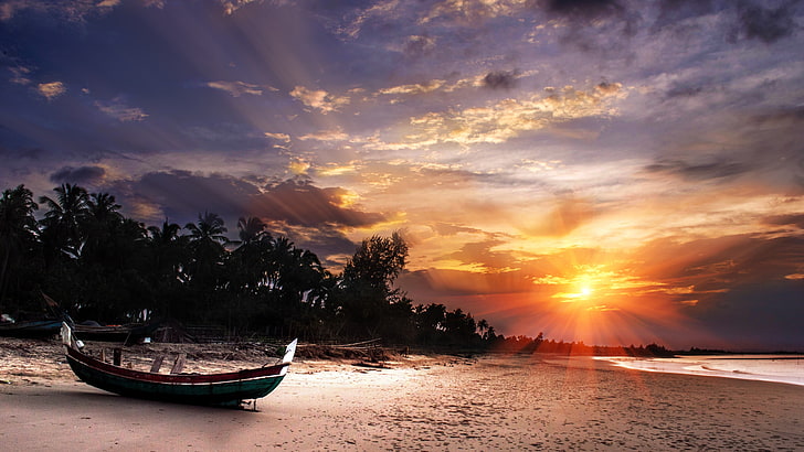 barco de madera verde, puesta de sol, naturaleza, playa, barco, Fondo de pantalla HD