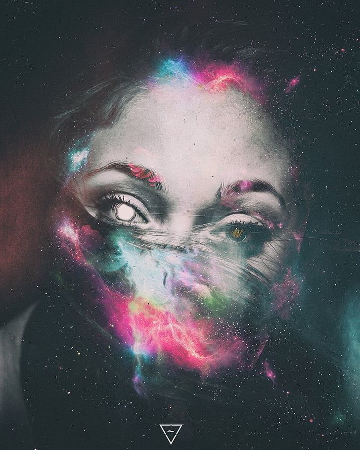 multicolored human face abstract painting, photo manipulation, Photoshop, women, abstract, space, face, HD wallpaper