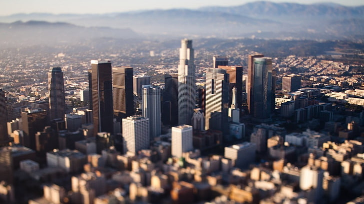 灰色の高層ビル、高層ビルの高角写真、ティルトシフト、都市景観、ロサンゼルス、 HDデスクトップの壁紙