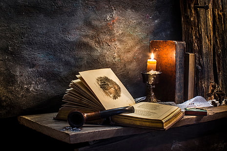 cachimbo de bronze, livros, vela, tubo, cera, tempos pacíficos, HD papel de parede HD wallpaper