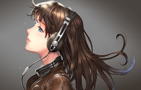 female anime character wearing headphones wallpaper, girl, headphones, profile, hair, HD wallpaper HD wallpaper